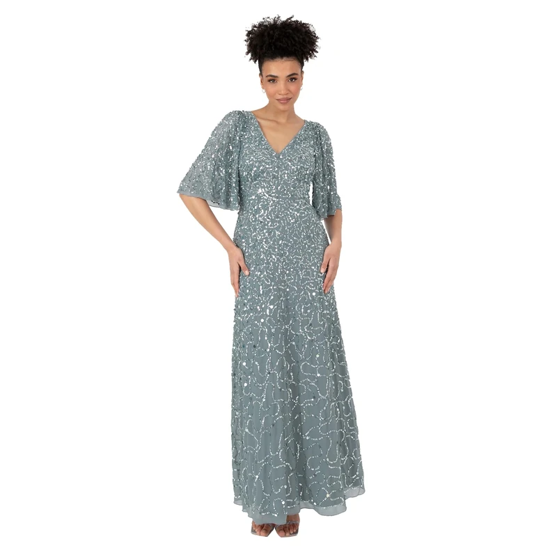 Maya Deluxe Women's Women's Ladies Maxi Dress V-Neck Short Angel Sleeve Sequin Embellished A-line Bridesmaid Wedding Guest Prom Ball Gown Dress, Misty Green,