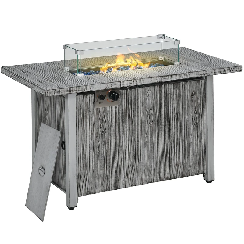 Outsunny Propane Gas Fire Pit Table for Garden, 50000 BTU Smokeless Firepit Outdoor Patio Heater with Waterproof Cover, Glass Screen, Glass Beads and Lid, Wood Effect, 109 x 56 x 63cm, Grey