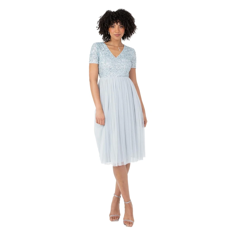 Maya Deluxe Women's Embellished Midi Evening Dress Ladies V Neckline with Short Sleeve for Prom Wedding Bridesmaid, Light Blue, 6