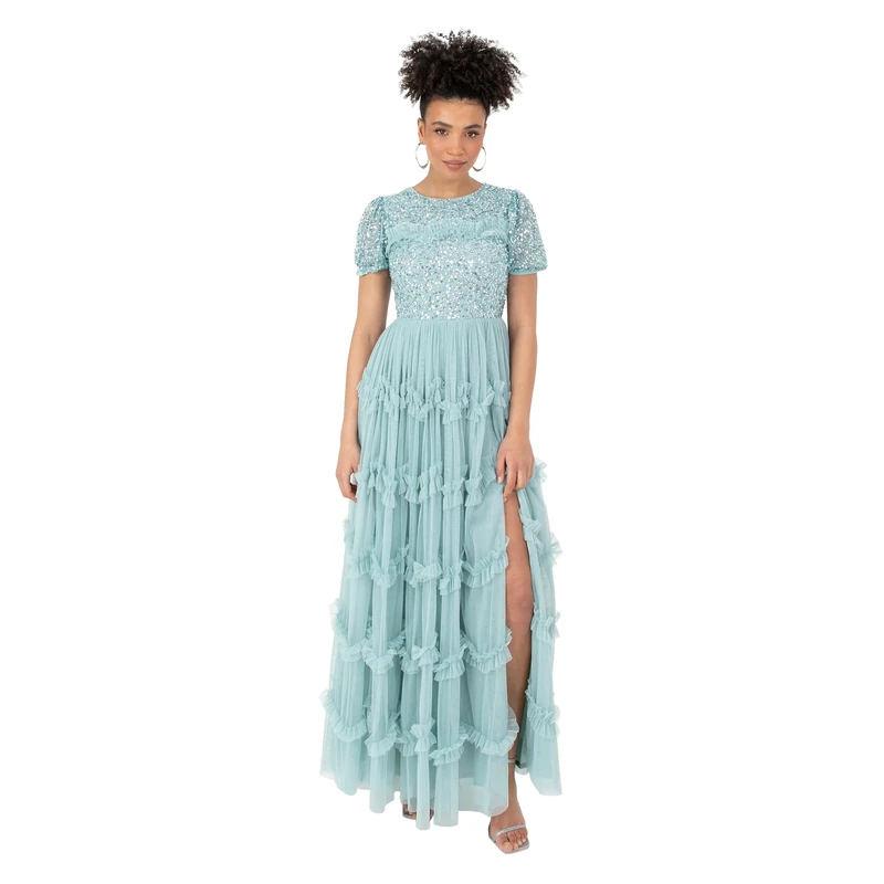 Maya Deluxe Women's Ladies Maxi Dress Round Neck Short Puff Sleeve Sequin Embellished Ruffle A-line Bridesmaid Prom Ball Gown, Turquoise, 6
