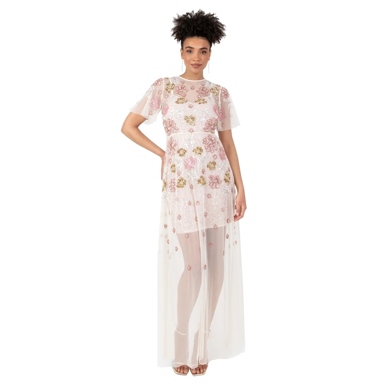 Maya Deluxe Women's Ladies Maxi Dress Round Neck Short Flutter Sleeve Sequin Embellished Mini Slip A-line Bridesmaid Wedding Guest Ecru 6