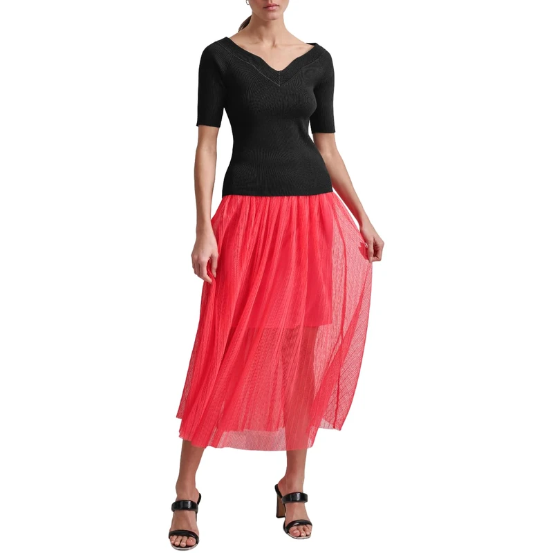 DKNY Women's Ribbed V Neck Top Blouse, Black, XS