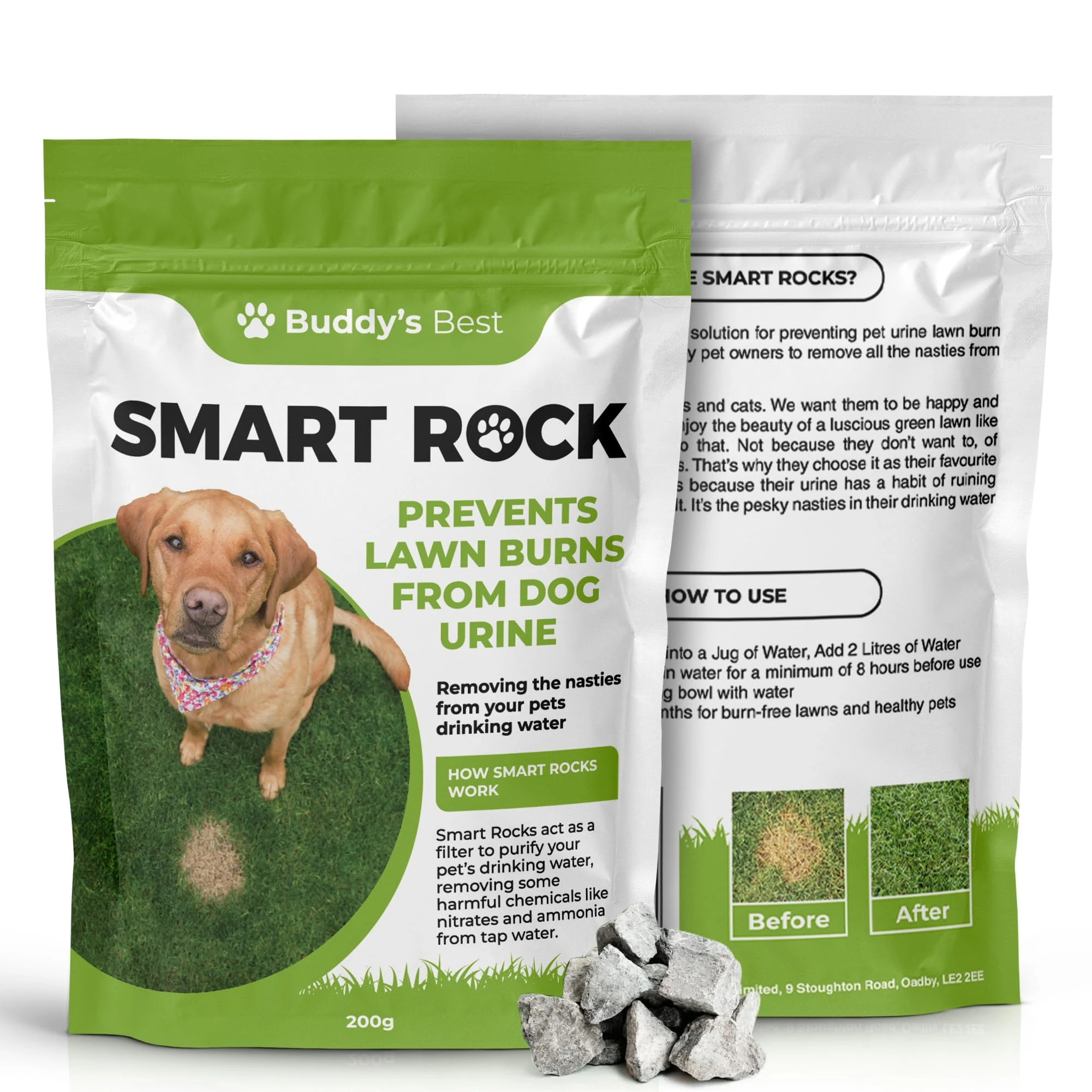 Buddy's Best 200g Smart Rocks: Natural Pet Water Enhancer & Lawn Saver, Mineral-Based Solution for Dogs, Reduces Nitrates & Ammonia, Supports Hydration & Healthy Green Grass