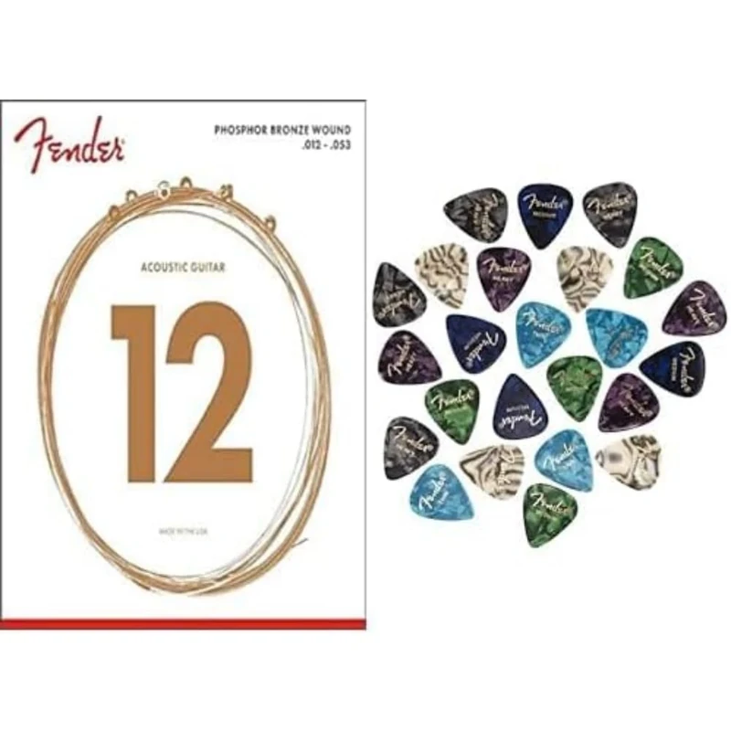 Bundle of (6x) Fender Phosphor Bronze Acoustic Guitar Strings Ball 60-L End Light - 12-53 + 351 Shape Premium Picks 24 Count Multi-Colour