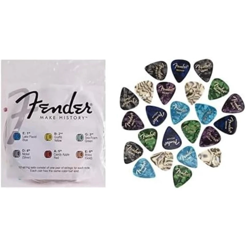 Bundle of (6x) Fender 80/20 Bronze Acoustic Strings, Ball End, 70XL .010-.048 Gauges + 351 Shape Premium Picks 24 Count Multi-Colour