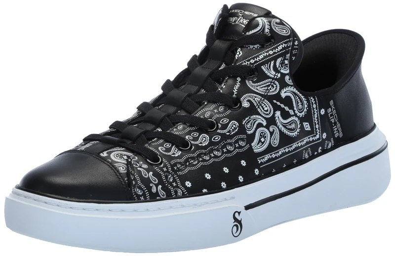 Skechers Mens Hands-Free Slip-ins X Snoop Dogg One Double G Sneaker, Black White Bandana Print Leather, 7.5 UK