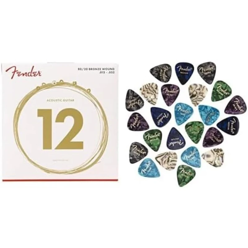 Bundle of (6x) Fender 80/20 Bronze Acoustic Strings 012-052 + 351 Shape Premium Picks 24 Count Multi-Colour