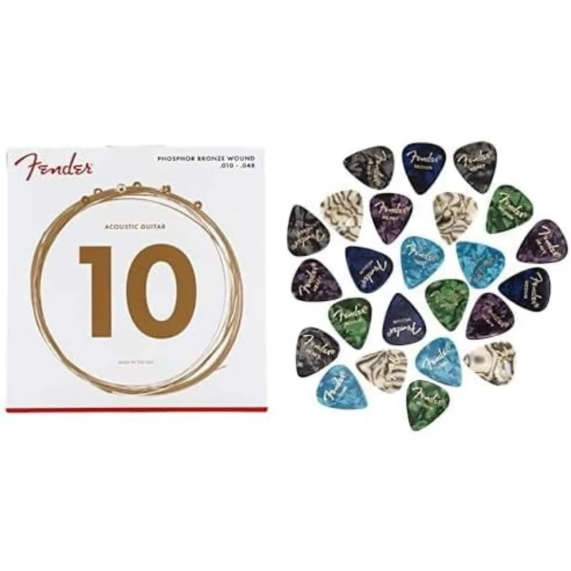 Bundle of (6) Fender Phosphor Bronze Acoustic Guitar Strings Ball End 60XL Extra Light - 10-48 + 351 Shape Premium Picks 24 Count Multi-Colour