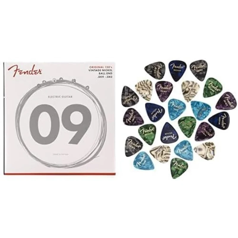 Bundle of (6) Fender 150 Nickel Wound Electric Guitar Strings Light 9-42 + 351 Shape Premium Picks 24 Count Multi-Colour