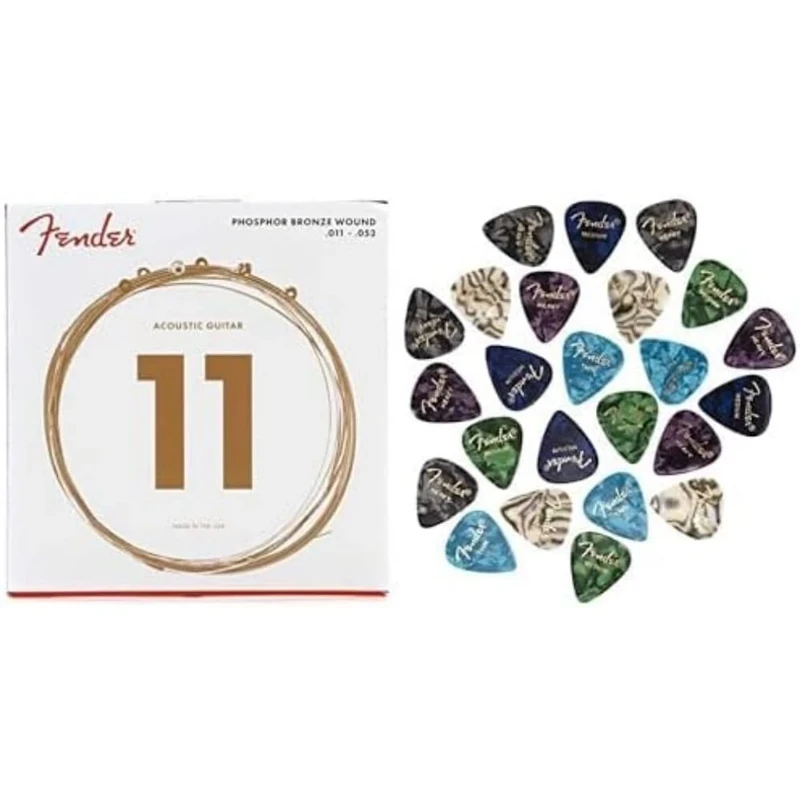 Bundle of Fender 60CL .011 - .052 Phosphor Bronze Custom Light Acoustic Guitar Strings + 351 Shape Premium Picks 24 Count Multi-Colour