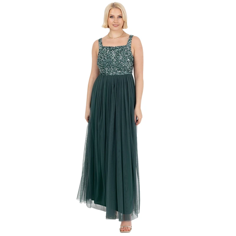 Maya Deluxe Womens Ladies Maxi Wide Straps Sleevless Square Neckline Embellished for Wedding Guest Prom Bridesmaid Dress Emerald Green Size 16
