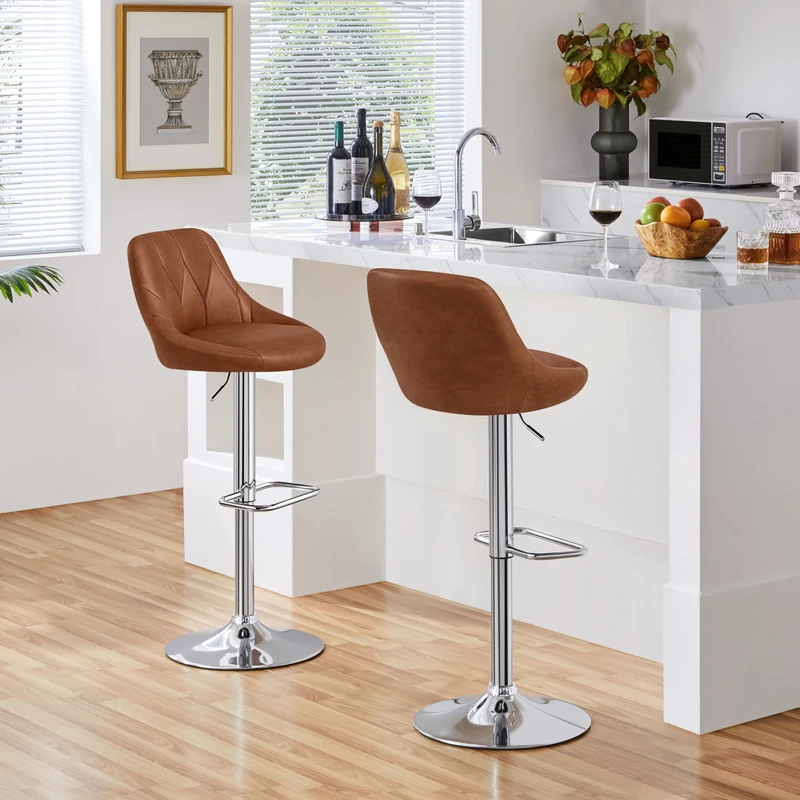 Yaheetech Modern Bar Stools Set of 2 Height Adjustable Swivel Chair with Backrest Chrome Footrest for Breakfast Bar Counter Home Kitchen Retro Brown