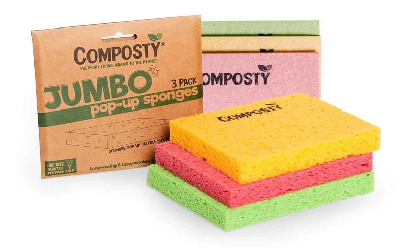 Large Eco Cleaning Sponges Washing Up | Composty Pop-Up Sponges 3 Pack | Compostable Kitchen Sponge | Plastic Free | Car Wash Sponge | Reusable Non-Scratch Cellulose Pads