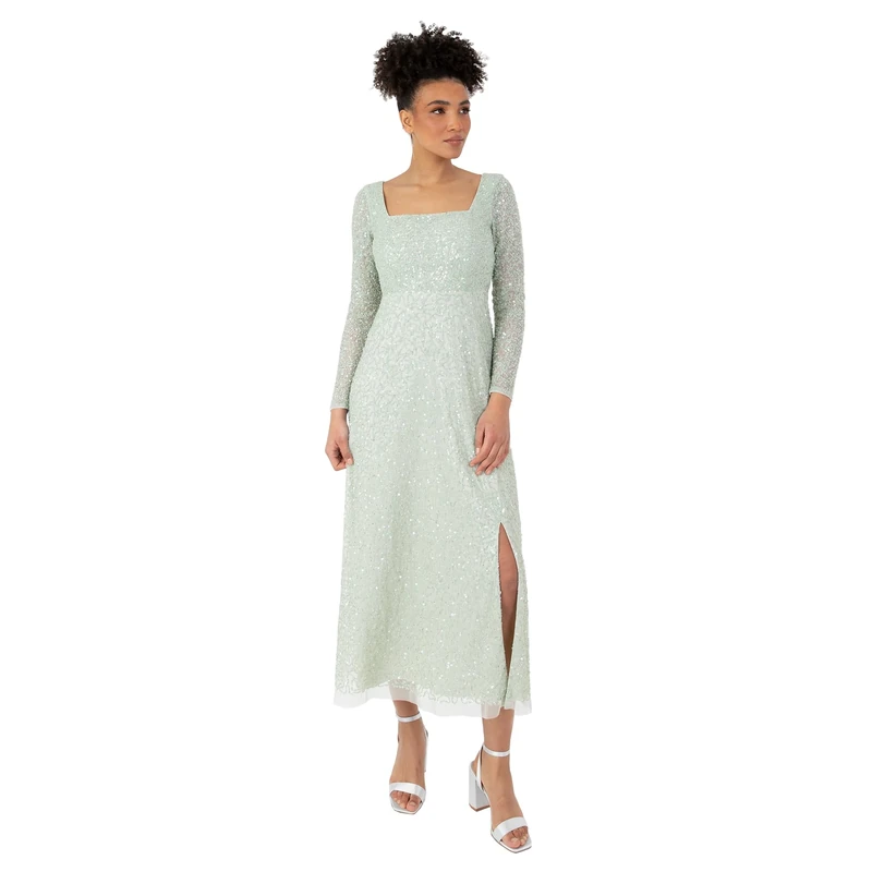 Maya Deluxe Women's Women's Midaxi Dress Ladies Long Sheer Sleeve Square Neck Sequin Embellished Split Empire Waist A-line Wedding Guest Dress, Mint Green,
