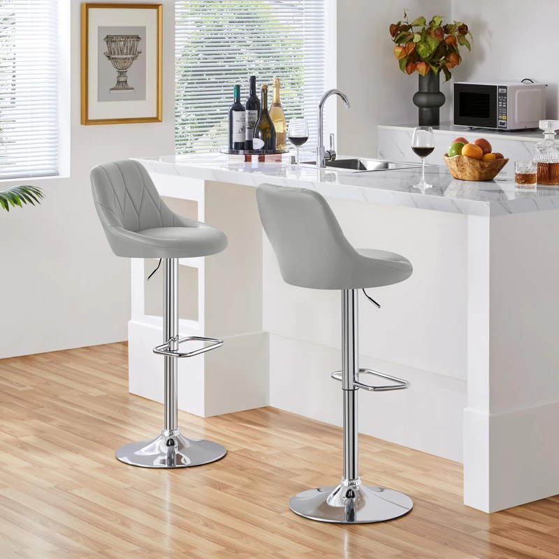 Yaheetech Modern Bar Stools Set of 2 Height Adjustable Swivel Chair with Backrest Chrome Footrest for Breakfast Counter Home Kitchen Light Grey