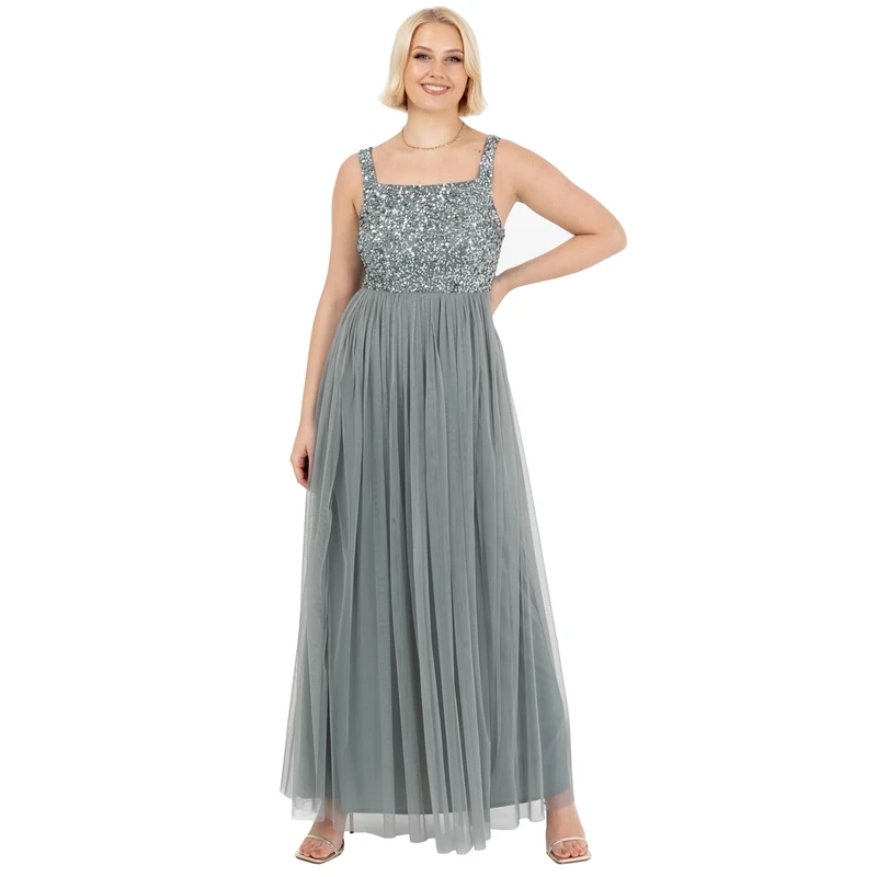 Maya Deluxe Womens Ladies Maxi Wide Straps Sleevless Square Neckline Embellished for Wedding Guest Prom Bridesmaid Dress Misty Green Size 6