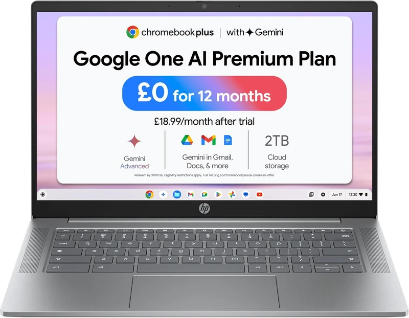 HP Chromebook Plus 14", Intel Core i3 N-series Processor, 8 GB RAM, 256 GB Flash Storage, Intel UHD Graphics, FHD Display, Up to 11hrs battery, Chrome OS, Dual Speakers, Silver, 14a-nf0000sa