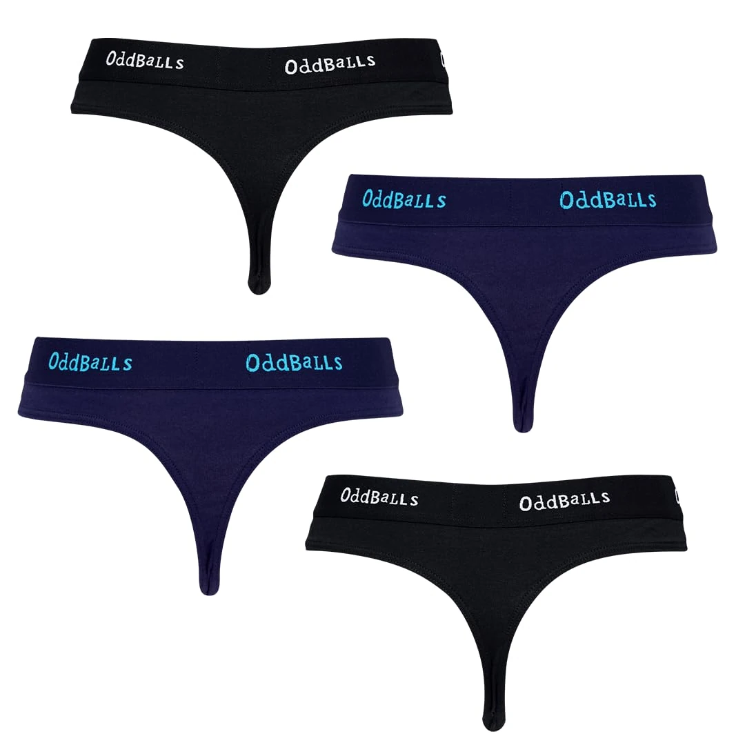 OddBalls | Womens Thongs Multipack | 4 Pack | Womens Underwear | Knickers | Cotton Thong | Black & Midnight Bundle | Size 8