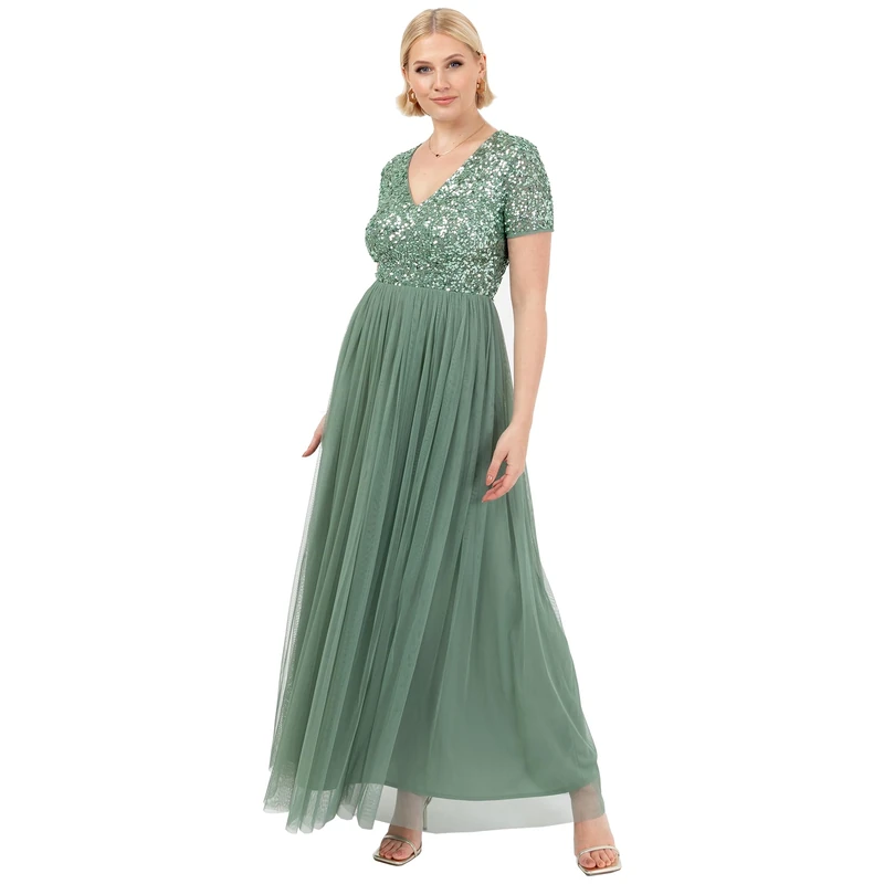 Maya Deluxe Women's Ladies Dress for Wedding Guest Plus Size Empire High Waist Sequins Short Sleeve Evening Bridesmaid, Deep Mint, 22