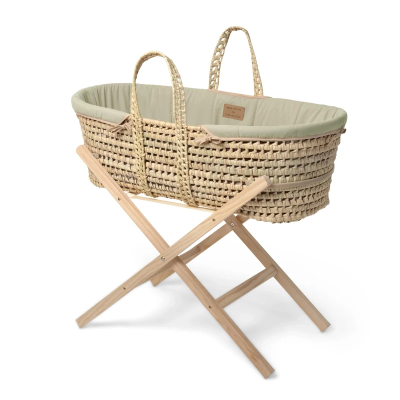 Clair de Lune Organic Palm Moses Basket with Natural Folding Stand, Sage Green, 75 x 28 cm