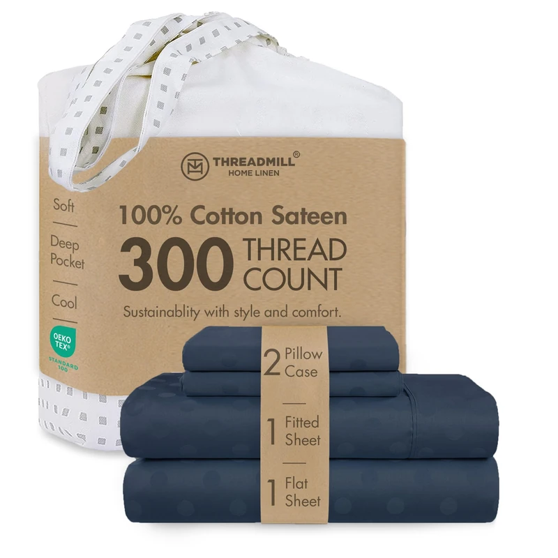 Threadmill 300 Thread Count Cotton Full Sheet Set, Sateen, Jacquard, Blue