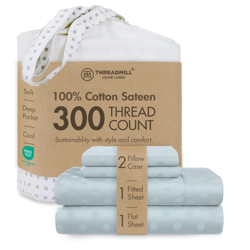 Threadmill 100% Cotton Sheets for King Size Bed | 4 Pc King Bed Sheets Set | Soft, Breathable Lightweight Damask Sateen for All-Season Use | Snug Fit Elastic Deep Pocket King Sheets | Light Blue