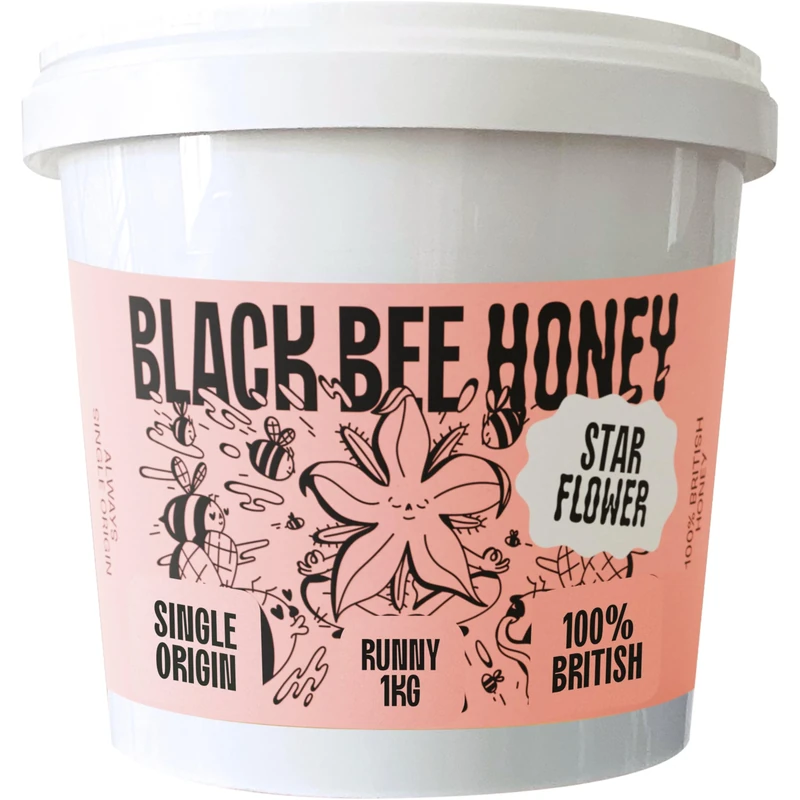 Black Bee Honey - Starflower Pure Honey, British Borage Light Sweet Subtly Floral, Unprocessed, Single Source from Hive to Jar, Never Blended - Delicious on Toast or Soothing in Drinks, 1Kg Tub