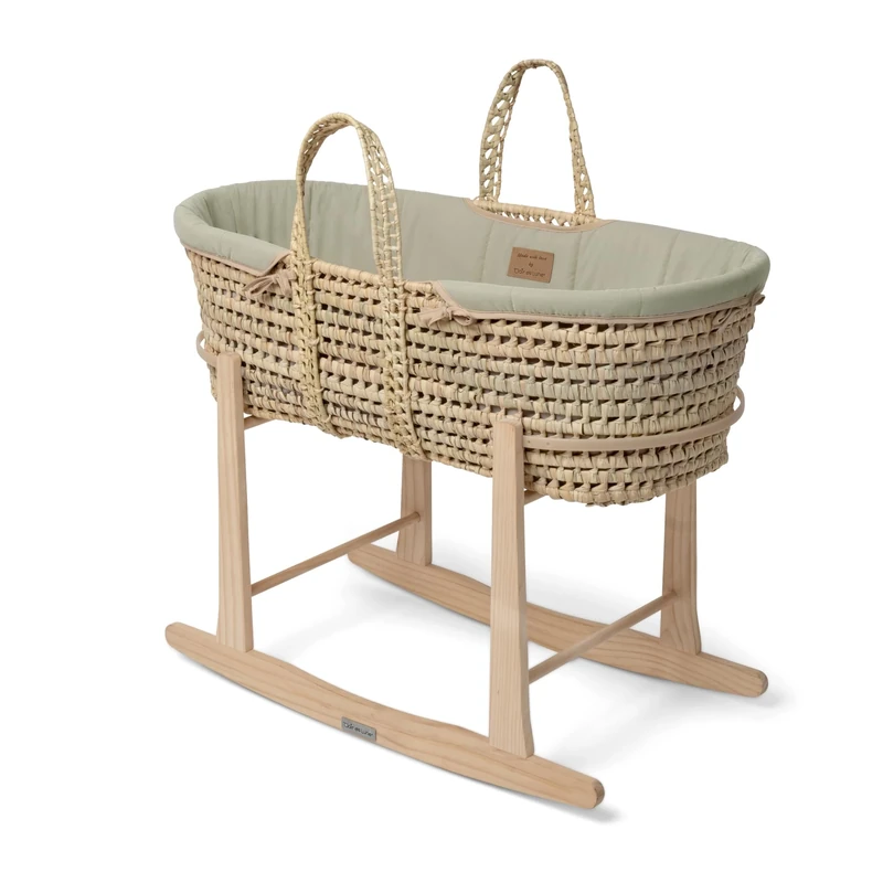 Clair de Lune Organic Palm Moses Basket with Natural Rocking Stand 75 x 28cm Sage Green