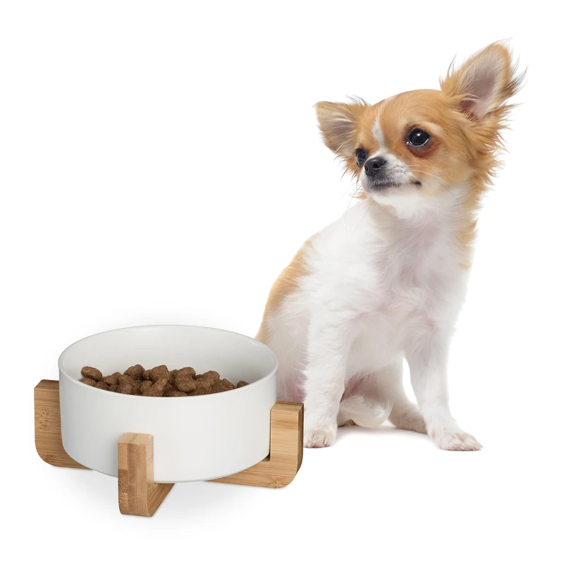 Relaxdays Ceramic Dog, 850 ml, Water, Food Bowl with Bamboo Stand, HxWxD: 9 x 20 x 20 cm, White