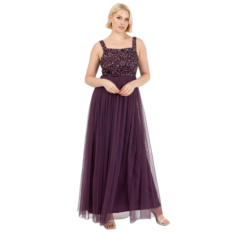 Maya Deluxe Womens Ladies Maxi Wide Straps Sleevless Square Neckline Embellished for Wedding Guest Prom Bridesmaid Dress Berry Size 10