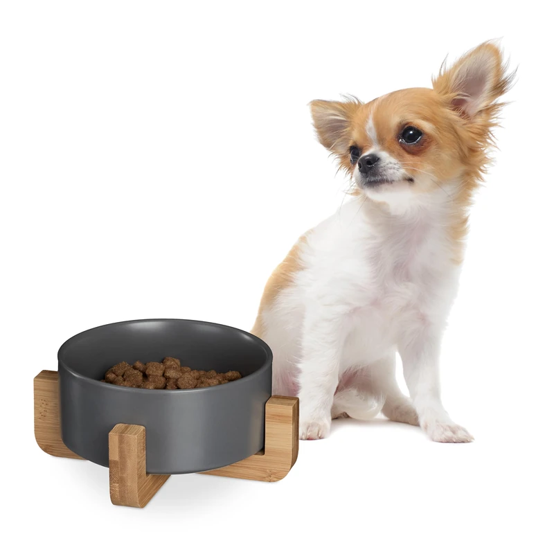 Relaxdays Ceramic Dog, 850 ml, Water, Food Bowl with Bamboo Stand, HxWxD: 9 x 20 x 20 cm, Grey - Image 1