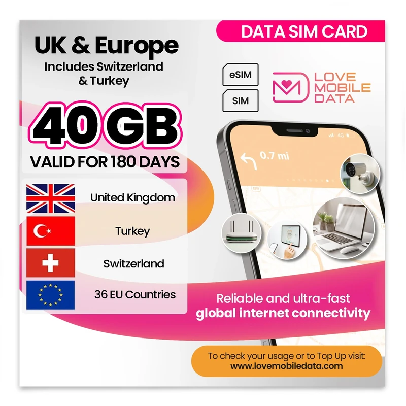 Love Mobile Data Only Sim Card - International Multi-Network 4G/5G Prepaid Pay As You Go Data Sim for Mobile Phones, WiFi Routers, & More, Europe, UK, Switzerland & Turkey - 40GB for 180 Days