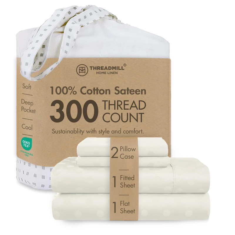Threadmill Cotton Full Size Sheet Set | 100% Cotton Sheets for Full Size Bed | Damask Jacquard Full Bed Sheets Set with 16” Deep Pocket | Soft Sateen Weave 4-Piece Cooling Bedding Set | Ivory