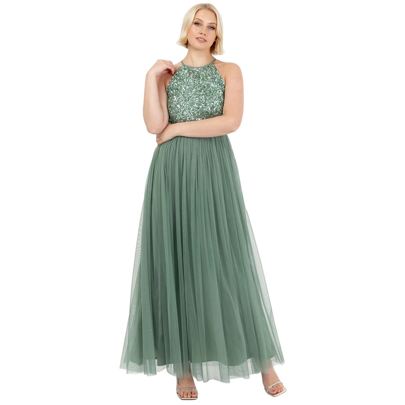 Maya Deluxe Women's Ladies Bridesmaid Maxi Dress Halter Neck Sequin Embellished Prom Graduation Wedding, Deep Mint, 20