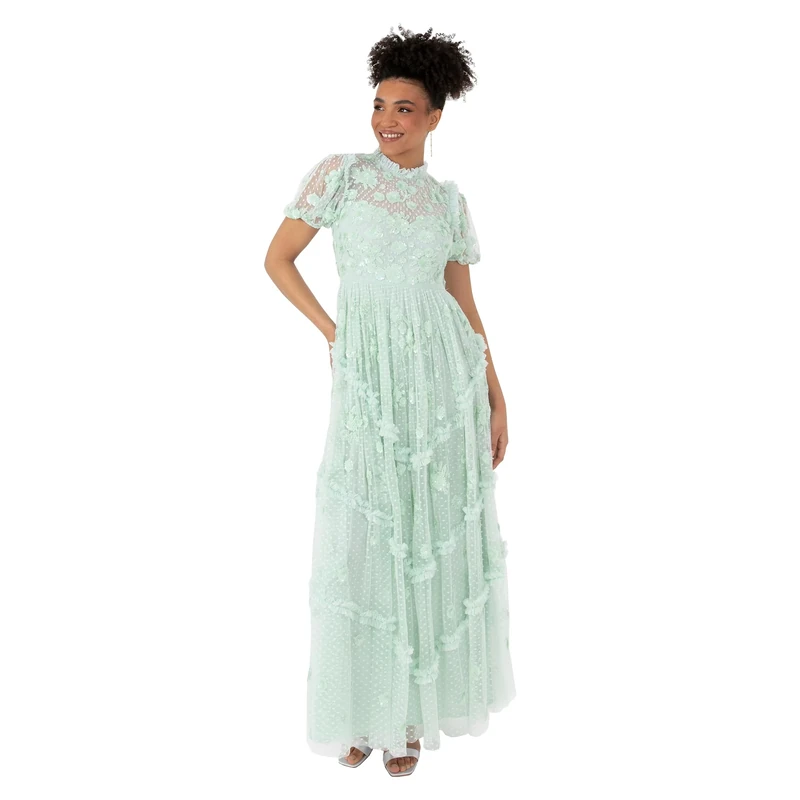 Maya Deluxe Women's Maxi Dress Ladies High Neck Puff Sleeve Sequin Embellished Ruffle Tulle Keyhole Back Empire A-line Bridesmaid, Mint Green, 14