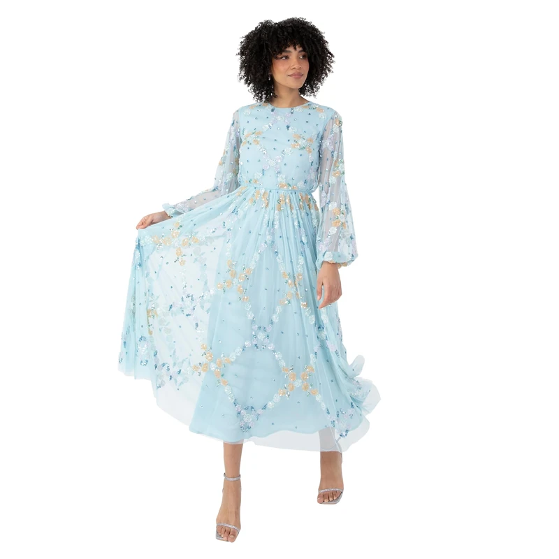 Maya Deluxe Women's Midaxi Dress Ladies Long Puff Sleeve Round Neck Floral Sequin Embellished Tulle A-line Bridesmaid Wedding Guest Sky Blue 8