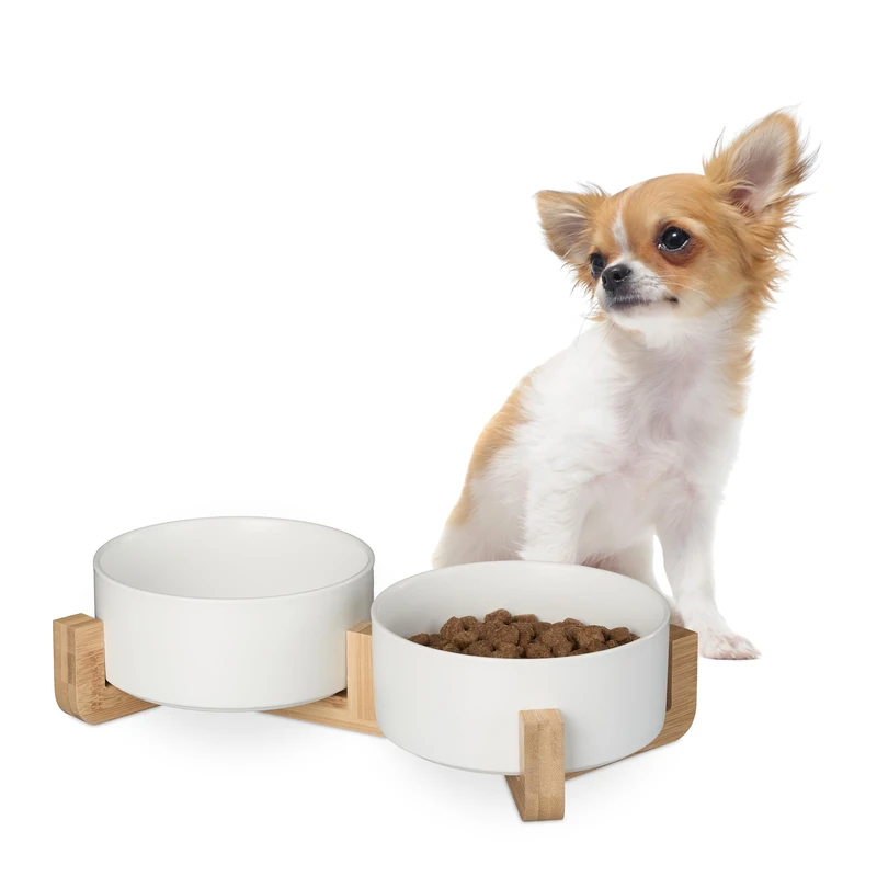 Relaxdays Ceramic Dog, Double, 850 ml, Water, Food Bowl with Bamboo Stand, HxWxD: 9x32x17 cm, White, 9 x 32 x 17 cm