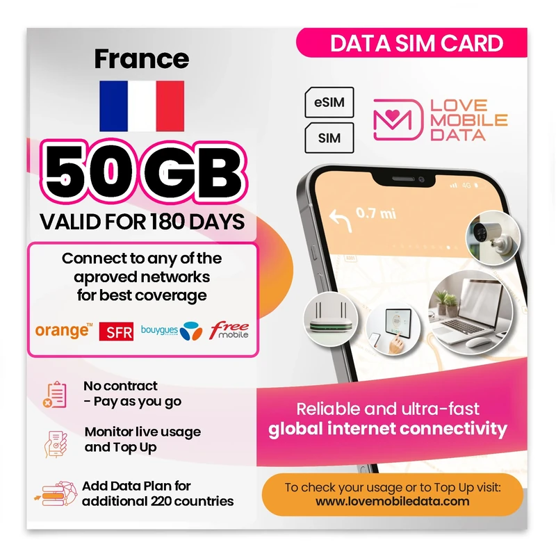 Love Mobile Data Only Sim Card - International Multi-Network 4G/5G Prepaid Pay As You Go Data Sim for Mobile Phones, WiFi Routers, & More, UK & France - 50GB for 180 Days