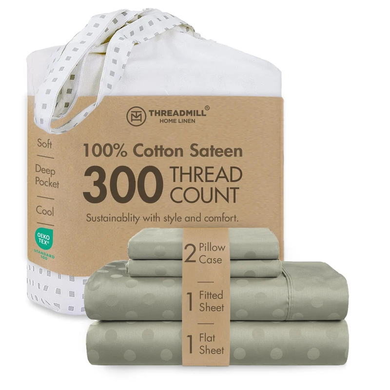 Threadmill 300TC Cotton King Sheet Set, Sateen, Damask, Sage Green, 4-Piece