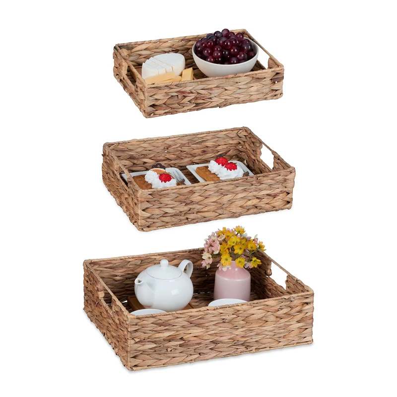 Relaxdays, Set of 3, Serving Tray with Handles, Woven Decorative Basket, 3, Water Hyacinth, Square, Natural, Plant fibre, Various sizes - Image 1