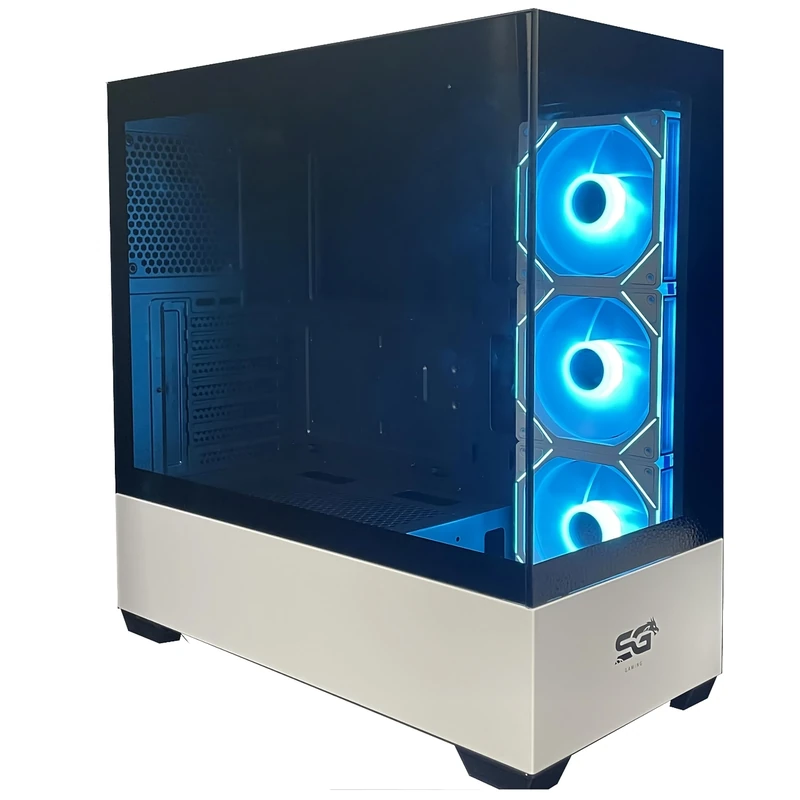SaharaGaming SG520 W/ 3 x 12cm White Mirror ARGB Fans & mini PWM Fan Hub Fan Tempered Gaming Case with USB 3.0 and USB 2.0, Supports up to 360mm AIO, 170mm PSU, and 250mm PSU Height.