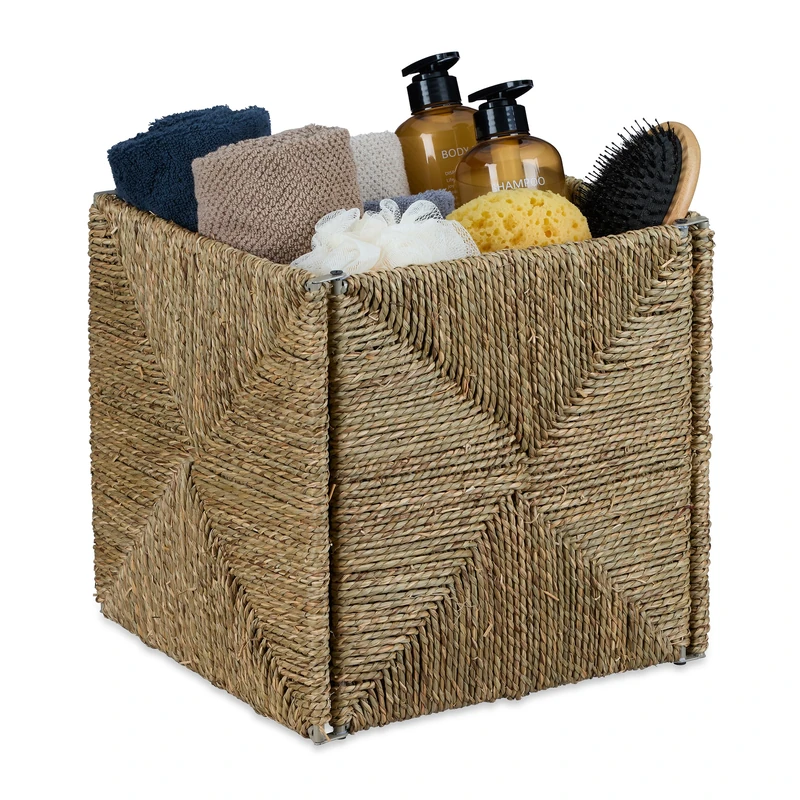 Relaxdays Storage, Woven Shelf Basket, Organiser, for Bathroom & Nursery, HWD: 30 x 30 x 30 cm, Seagrass, Natural, Plant fibre