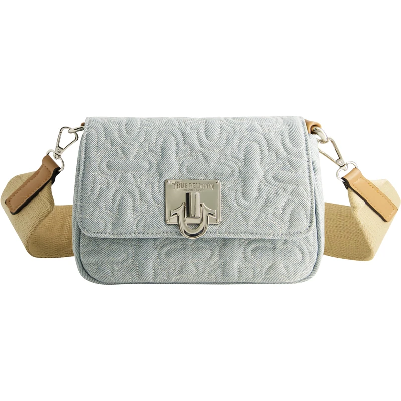 True Religion Women's Crossbody Bag, Quilted Denim Purse Handbag with Adjustable Removable Shoulder Strap, Light Blue