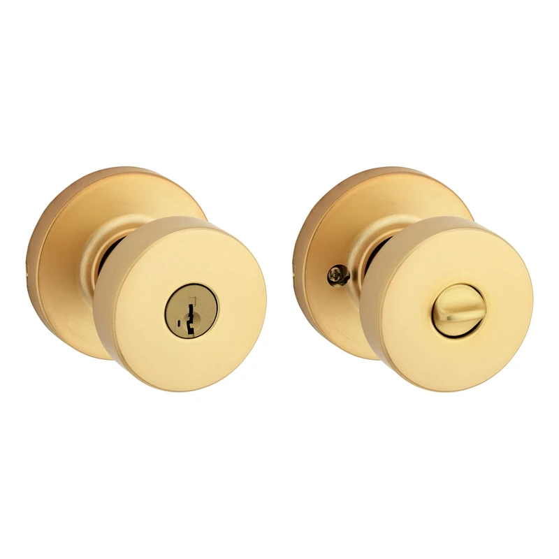 Kwikset Pismo Entry Door Knob with Lock and Key, Secure Keyed Handle Exterior Doorknob, Front Entrance and Bedroom, Satin Brass, Pick Resistant SmartKey Rekey Security