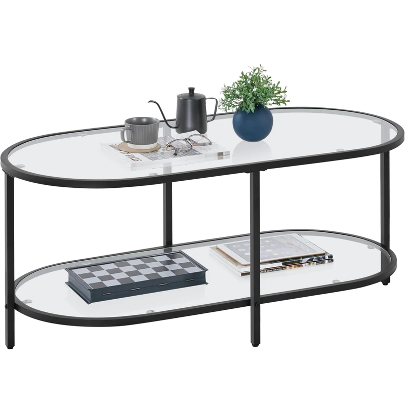 Yaheetech Glass Coffee Table, Black Oval Coffee Table for Living Room, Modern 2-Tier Center Table with Storage Shelf & Metal Frame for Small Space,Office