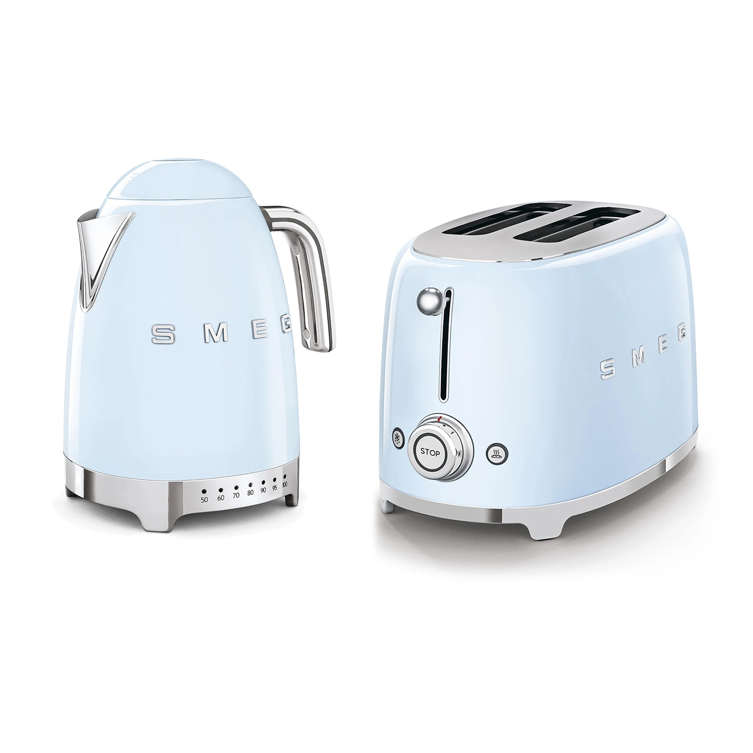 Smeg 50’s Style Retro Range Breakfast Set, 1.7L 3000W Variable Temperature Kettle and Multi-Functional Control 2-Slice 950W Toaster, Pastel Blue, KLF04PBUK/ TSF01PBUK