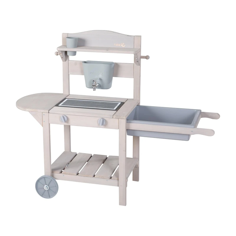 roba Mobile Mud Kitchen BBQ for Children made of FSC certified Wood - Play Kitchen with Wheels & Play Basin - Usable Indoors & Outdoors - From 18 Months Onward - Grey Stained