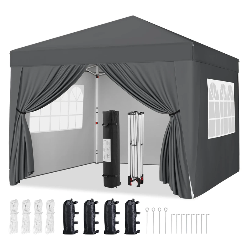 Yaheetech Pop-Up Gazebo 3x3 with 4 Removable Side Panels, Silver-costed Oxford Marquee Canopy w/Wheeled Bag & Sandbags, Metal Frame Shelter Tent for Outdoor Garden Party Camping, Dark Grey