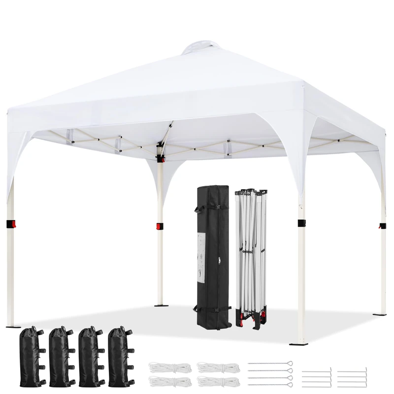 Yaheetech Pop Up Gazebo, 3x3m Instant Foldinng Shelter with Wheeled Bag, 4 Sandbags, 4 Ropes, 12 Stakes, Metal Frame, Adjustable Height, Top Air Vent, White