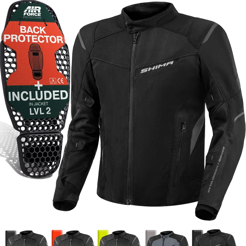 SHIMA RUSH Motorbike Jackets for Men AIRFORCE Back Protector Armour Riding Motorcycle Jacket Summer Winter Bikers Waterproof Lightweight Armoured Motorcycles (Mens, Jacket Vented, Black, L)